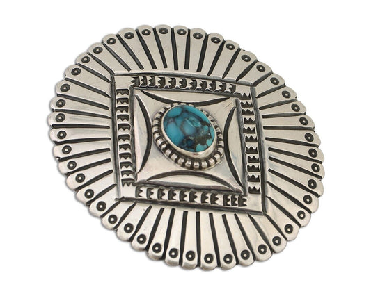 Navajo Pin 925 Silver Natural Turquoise Hand Stamped Native Artist C.80s