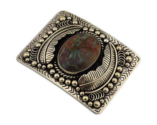Men Navajo Belt Buckle .999 Nickel Azurite Artist Signed Teepee Handmade C1980s