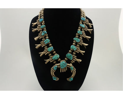 Navajo Squash Necklace 925 Silver Sleeping B Turquoise Native Handmade C.1970's