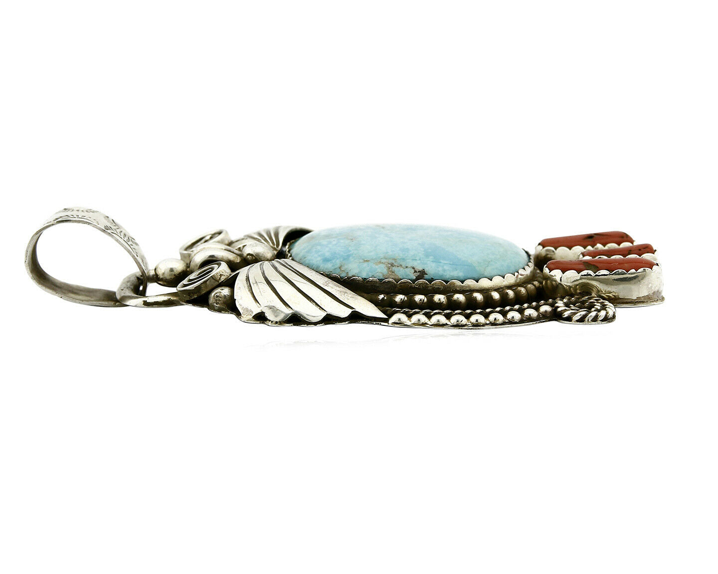 Navajo Natural Turquoise & Red Coral Pendant .925 Silver Signed Gomez C.2005