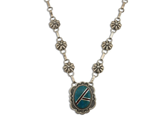 Navajo Necklace 925 Silver Blue Gem Turquoise, Onyx, Coral Signed M Begay C.80's