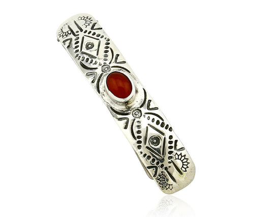 C1990s Navajo Natural Carnelian Agate Hand Stamped 925 Silver Handmade Hair Clip