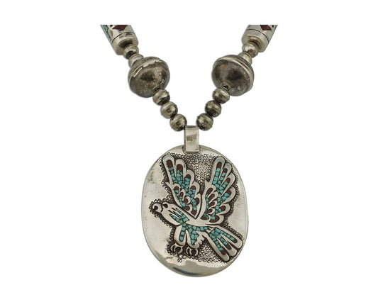 Navajo Reversable Inlay Necklace 925 Silver Turquoise & Coral Signed SD C.80's