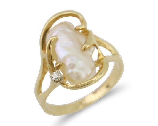 Natural Pearl & Diamond Ring in 14k Solid Yellow Gold Sizeable 6.0