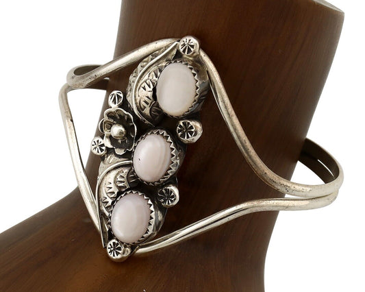 Women's Navajo Bracelet 925 Silver Natural Pink Mussel Native American Signed F