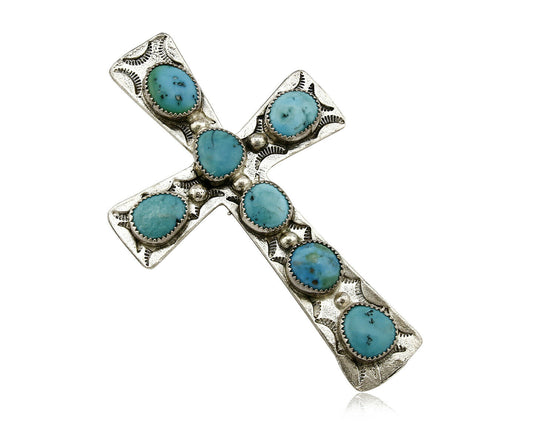Navajo Cross Pendant .925 Silver Kingman Turquoise Artist C-E Circa 80's