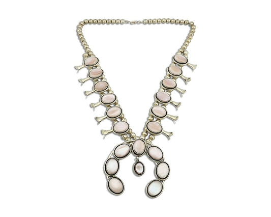 Navajo Squash Necklace 925 Silver Natural Pink Mussel Native American Artist C80