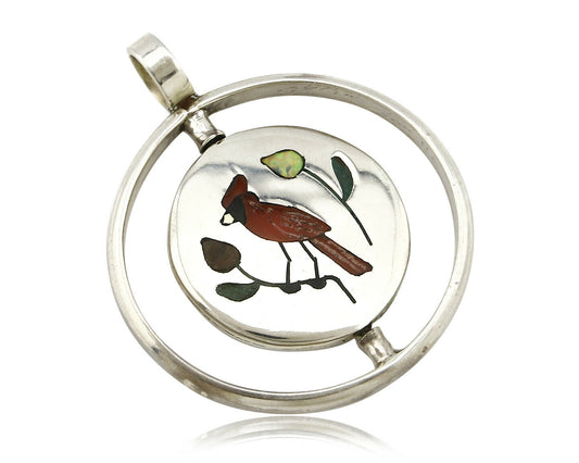 Navajo Bird Spinner Pendant .925 Siller Inlaid Gemstone Signed Baylor C.80's