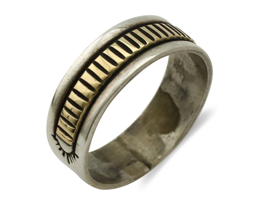 Navajo Ring 925 Silver & Solid 14k Yellow Gold Artist Signed E Hand Stamped C80s