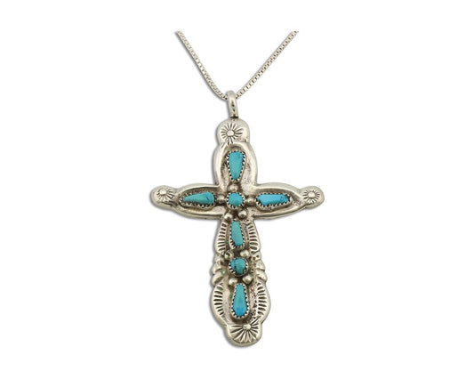 Zuni Cross Pendant 925 Silver SB Turquoise Artist Signed B. IULE C.80's