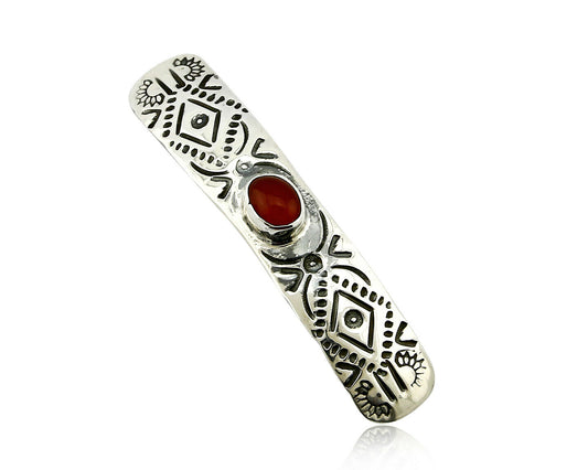 C1990s Navajo Natural Carnelian Agate Hand Stamped 925 Silver Handmade Hair Clip